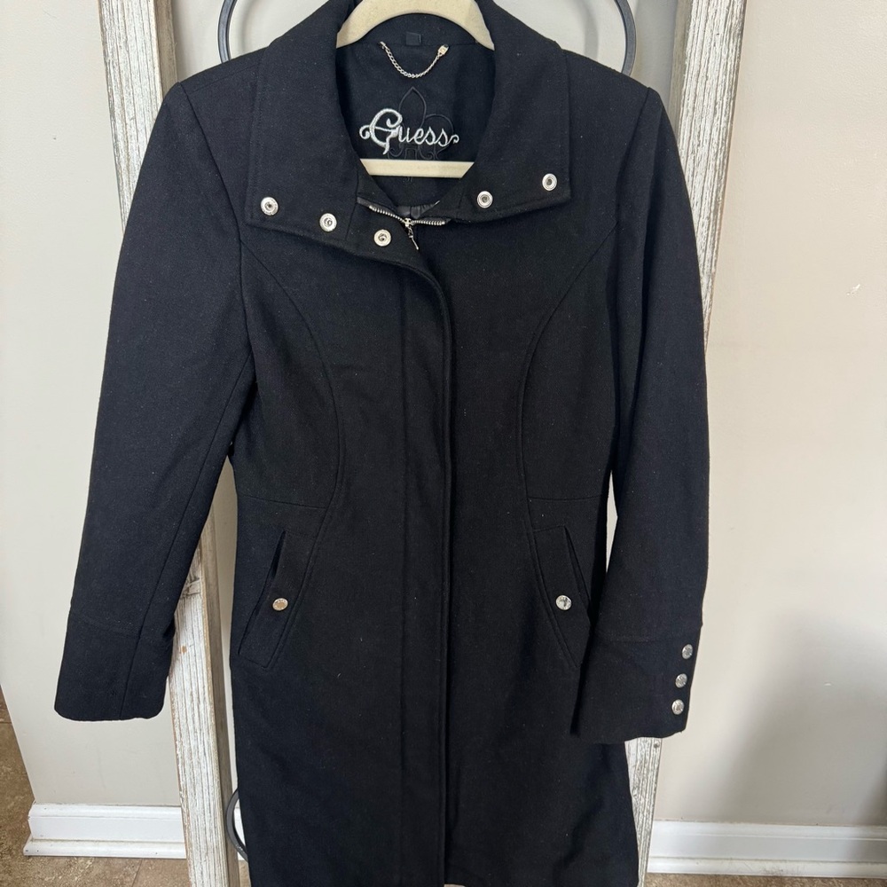 Guess Black Wool Blend Long Coat Womens SP‎ Petite Fitted Zip Snap Tailored